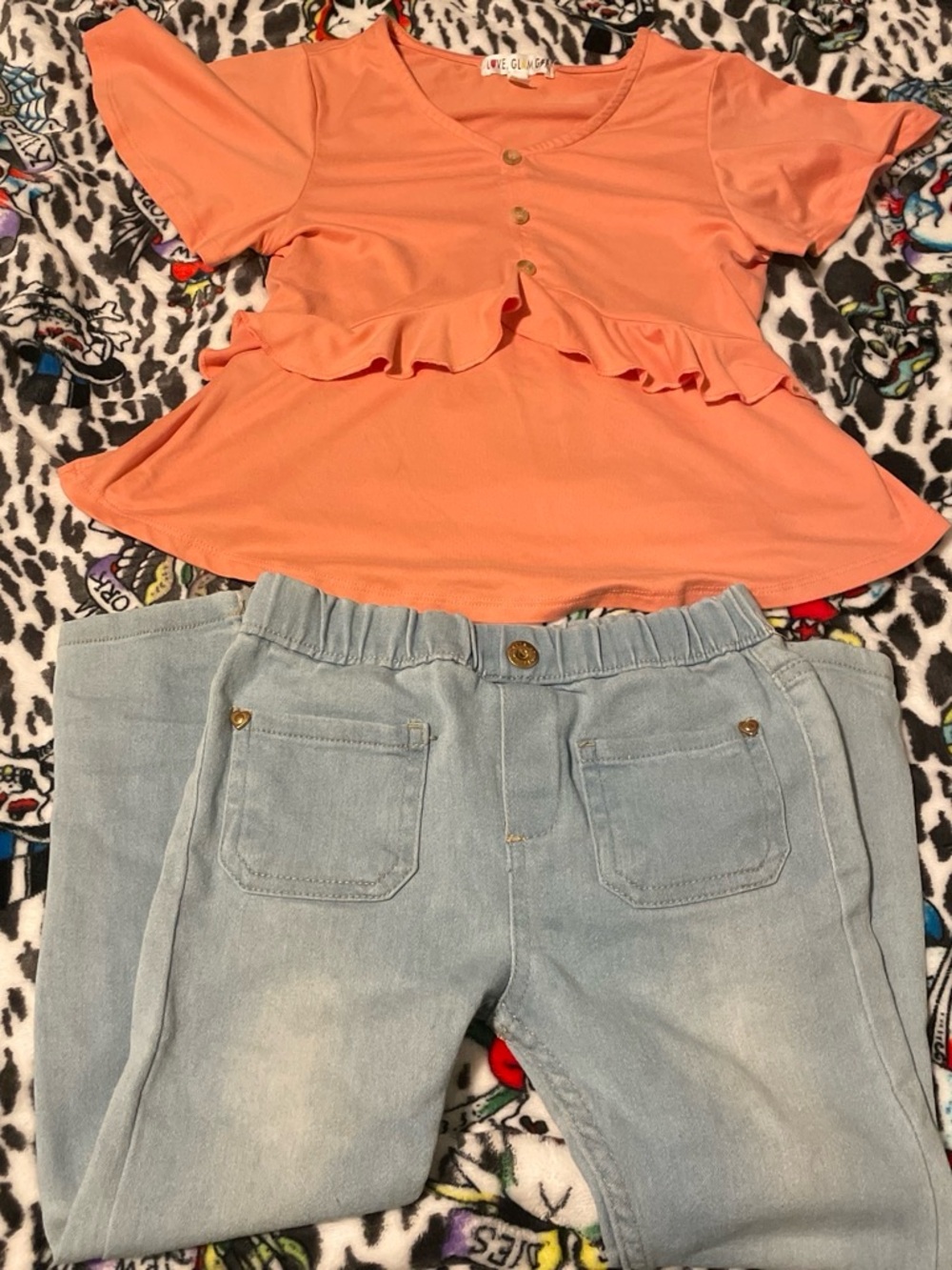 Girls Coral Ruffle Peplum Top & Light Denim Set - Nanette Lepore Pants